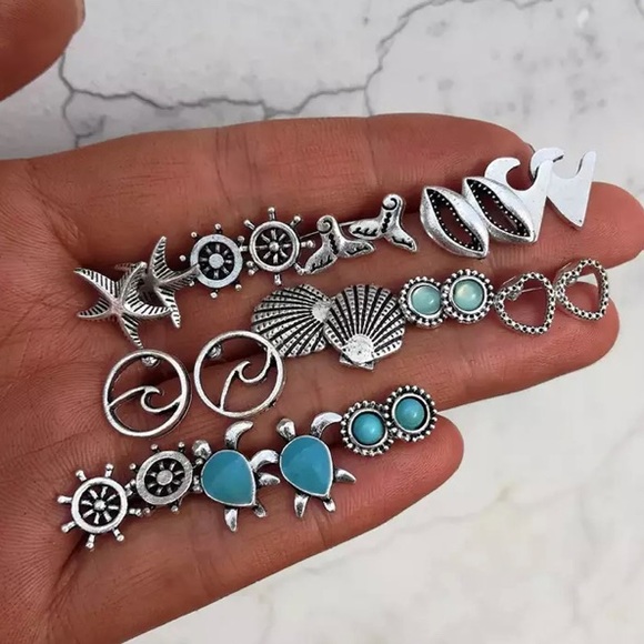 Jewelry - 12 Pc Stud Turquoise Beach Silver Earring Set
